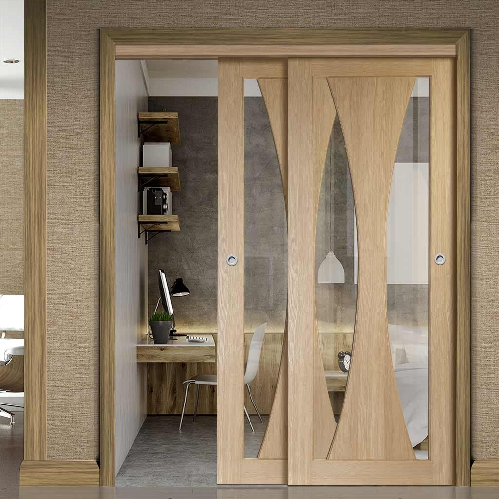 Two Sliding Doors and Frame Kit - Verona Oak Door - Clear Glass - Prefinished