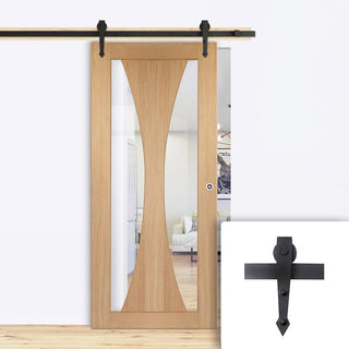 Image: Single Sliding Door & Arrowhead Black Track - Verona Oak Door - Clear Glass - Prefinished