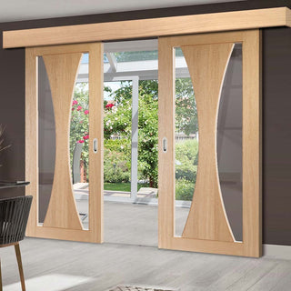 Image: Double Sliding Door & Wall Track - Verona Oak Doors - Clear Glass - Prefinished