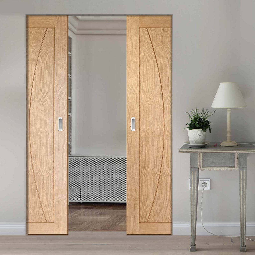 Bespoke Verona Oak Flush Double Frameless Pocket Door - Prefinished