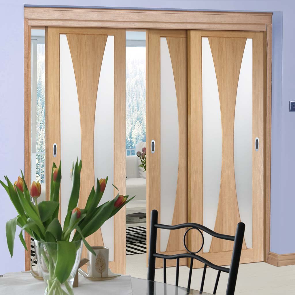 Three Sliding Doors and Frame Kit - Verona Oak Door - Obscure Glass - Unfinished