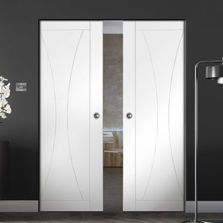 Image: Bespoke Verona Flush Double Frameless Pocket Door - White Primed