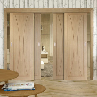 Image: Bespoke Thruslide Verona Oak Flush - 4 Sliding Doors and Frame Kit - Prefinished