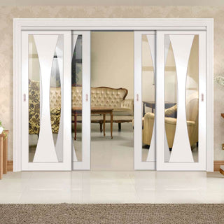 Image: Bespoke Thruslide Verona Glazed - 4 Sliding Doors and Frame Kit - White Primed