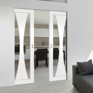 Image: Bespoke Verona White Primed Glazed Double Frameless Pocket Door