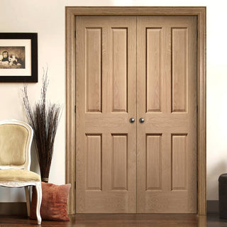 Image: Bespoke Victorian Oak 4 Panel Door Pair - No Raised Mouldings - Prefinished