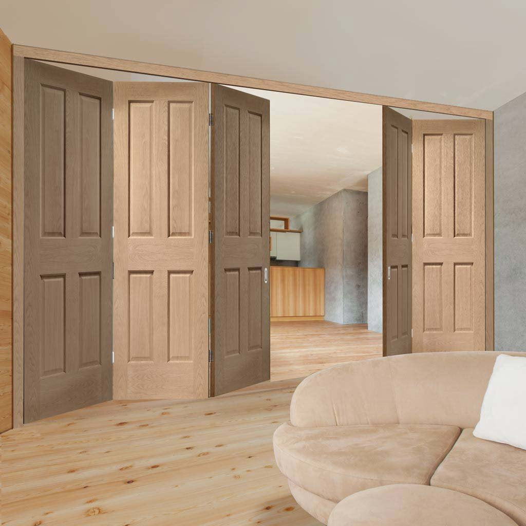 Five Folding Doors & Frame Kit - Victorian Oak 4 Panel 3+2 - No Raised Mouldings