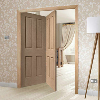Image: Two Folding Doors & Frame Kit - Victorian Oak 4 Panel 2+0 - No Raised Mouldings - Unfinished