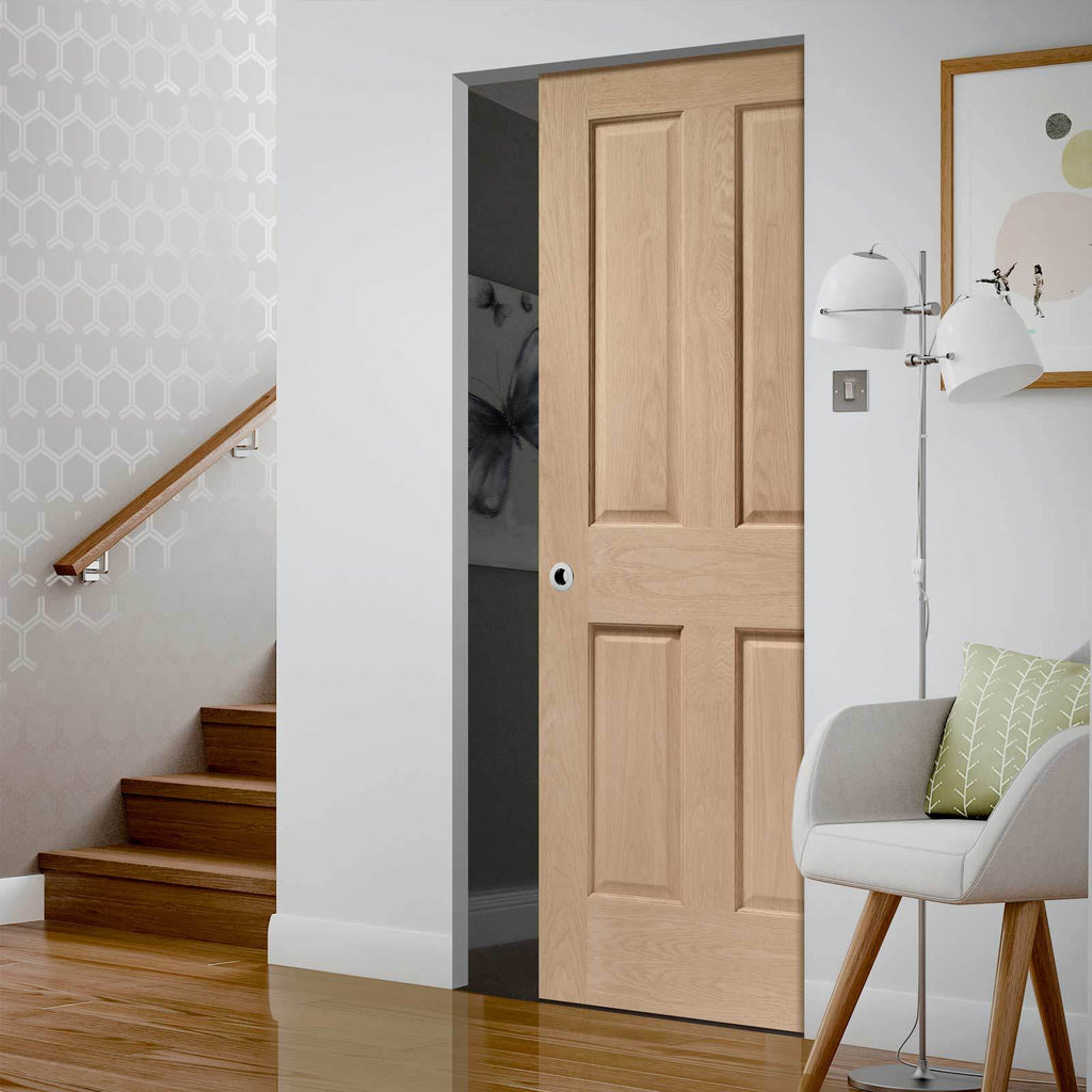 Bespoke Victorian Oak 4 Panel Single Frameless Pocket Door - No Raised Mouldings