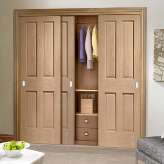 Image: Minimalist Wardrobe Door & Frame Kit - Three Victorian Oak 4 Panel Door - No Raised Mouldings - Prefinished