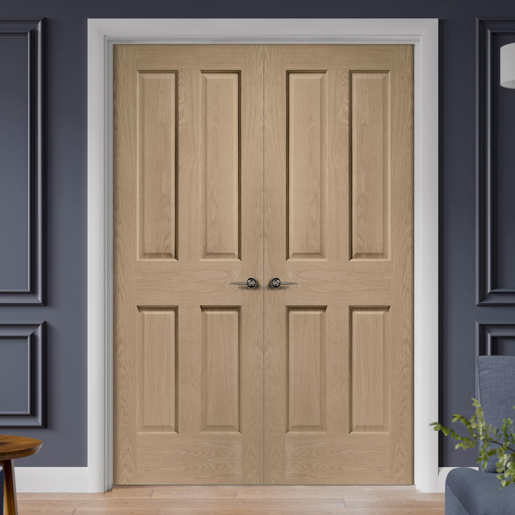 Prefinished Victorian Oak 4 Panel Door Pair - No Raised Mouldings - Choose Your Colour