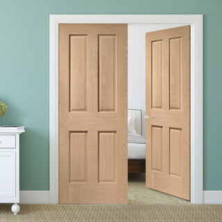 Image: Victorian Oak 4 Panel Internal Door Pair - No Raised Mouldings - Prefinished