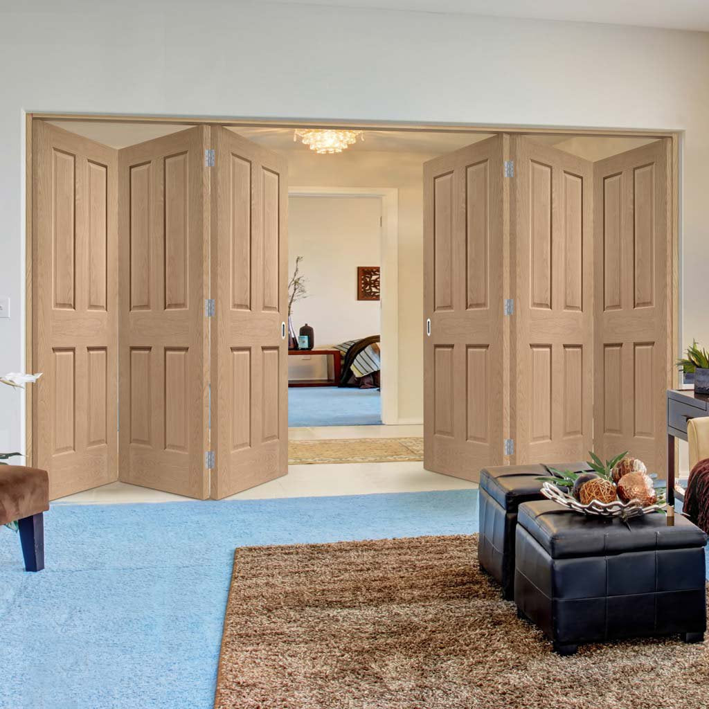 Six Folding Doors & Frame Kit - Victorian Oak 4 Panel 3+3 - No Raised Mouldings - Prefinished