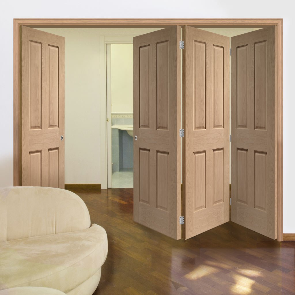 Four Folding Doors & Frame Kit - Victorian Oak 4 Panel 3+1 - No Raised Mouldings