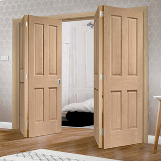 Image: Four Folding Doors & Frame Kit - Victorian Oak 4 Panel 2+2 - No Raised Mouldings - Prefinished
