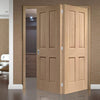 Two Folding Doors & Frame Kit - Victorian Oak 4 Panel 2+0 - No Raised Mouldings - Prefinished