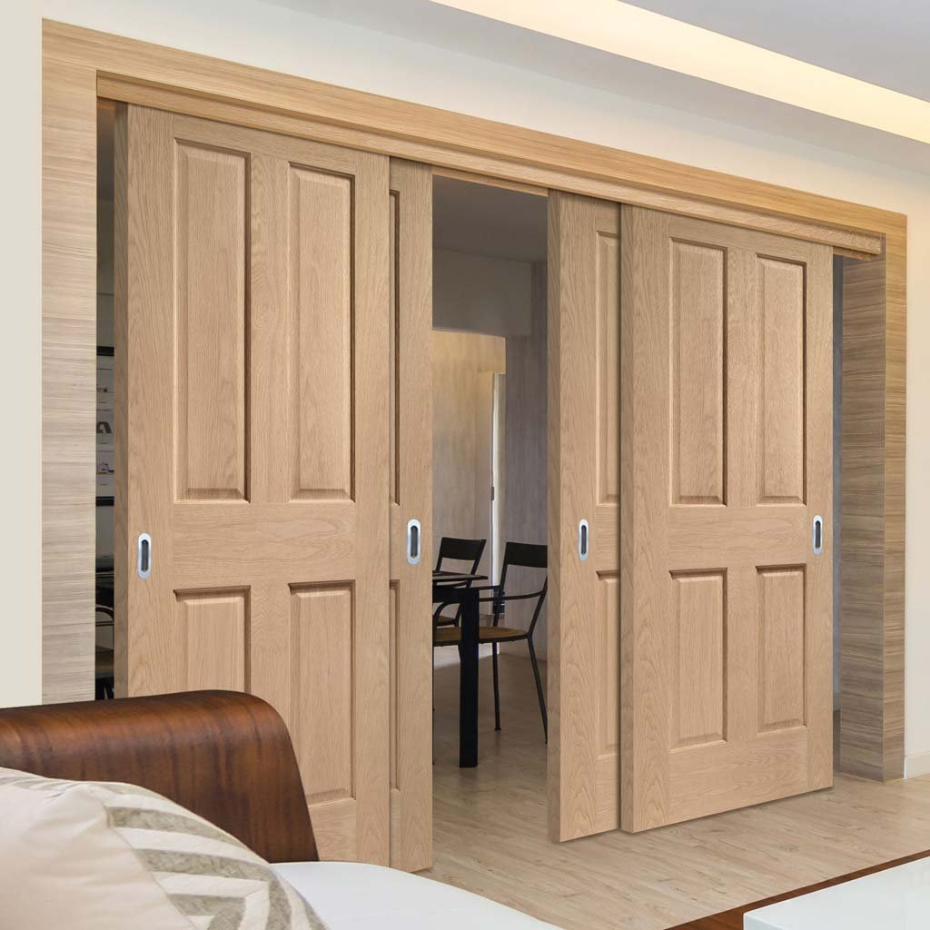 Pass-Easi Four Sliding Doors and Frame Kit - Victorian Oak 4 Panel Door - No Raised Mouldings - Prefinished