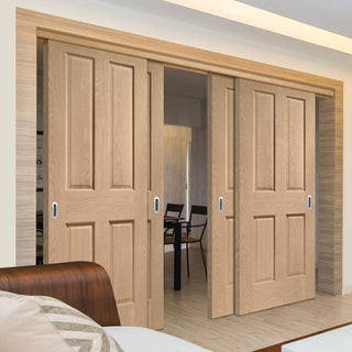 Image: Pass-Easi Four Sliding Doors and Frame Kit - Victorian Oak 4 Panel Door - No Raised Mouldings - Prefinished