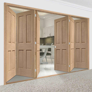 Image: Six Folding Doors & Frame Kit - Victorian Oak 4 Panel 3+3 - No Raised Mouldings