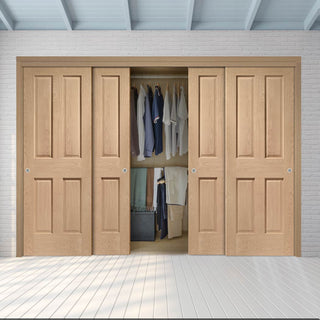 Image: Four Sliding Maximal Wardrobe Doors & Frame Kit - Victorian Oak 4 Panel Door - No Raised Mouldings - Prefinished