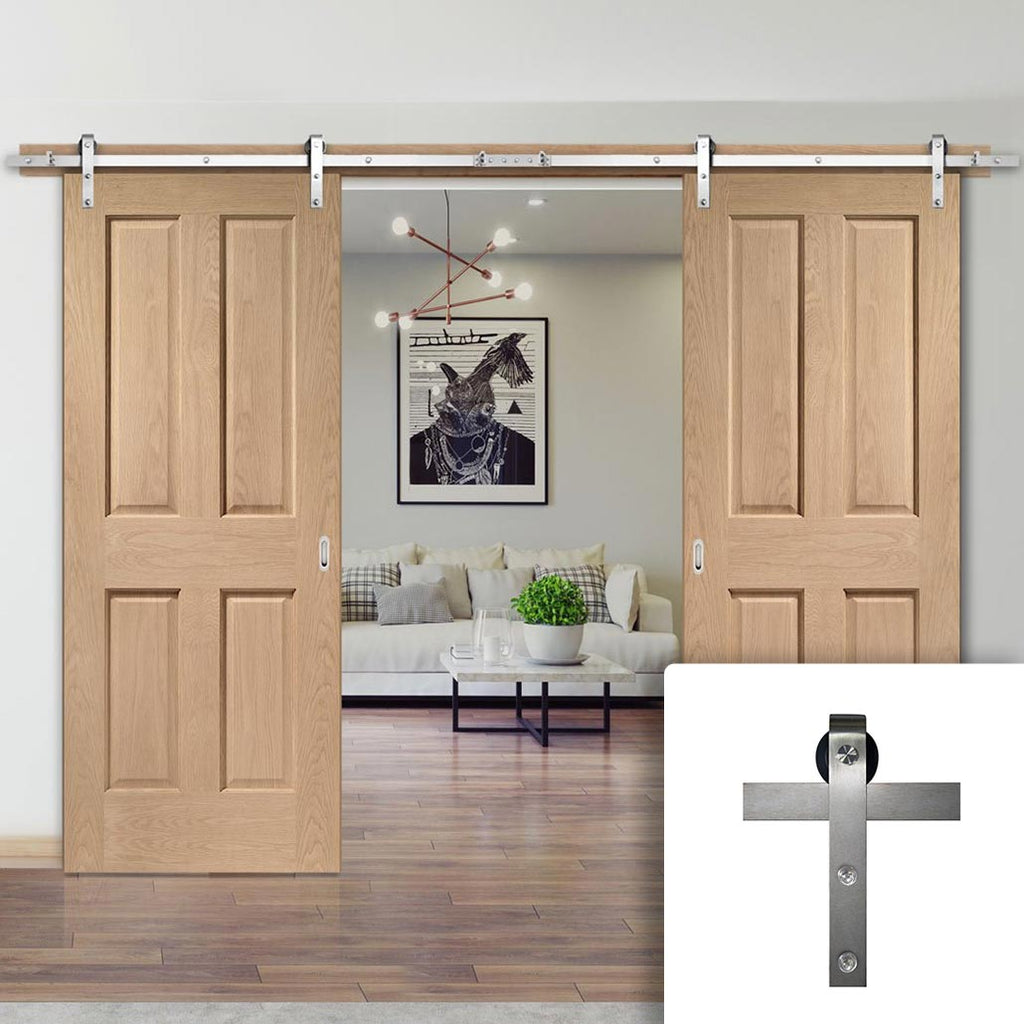Double Sliding Door & Stainless Steel Barn Track - Victorian Oak 4 Panel Door - No Raised Mouldings - Prefinished