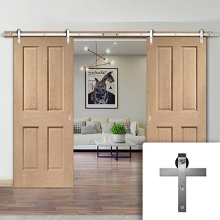 Image: Double Sliding Door & Stainless Steel Barn Track - Victorian Oak 4 Panel Door - No Raised Mouldings - Prefinished