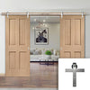 Double Sliding Door & Stainless Steel Barn Track - Victorian Oak 4 Panel Door - No Raised Mouldings - Prefinished