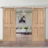 Double Sliding Door & Stainless Steel Barn Track - Victorian Oak 4 Panel Door - No Raised Mouldings - Prefinished