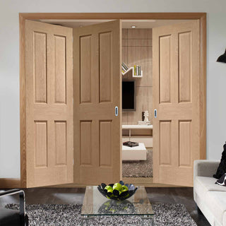 Image: Three Folding Doors & Frame Kit - Victorian Oak 4 Panel 2+1 - No Raised Mouldings - Unfinished