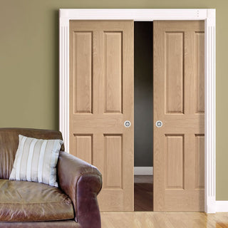 Image: Victorian Oak 4 Panel Double Evokit Pocket Doors - No Raised Moulding - Prefinished