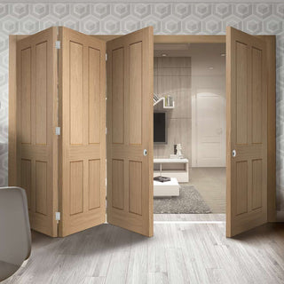Image: Four Folding Doors & Frame Kit - Victorian Oak 4 Panel 3+1 - No Raised Mouldings - Prefinished