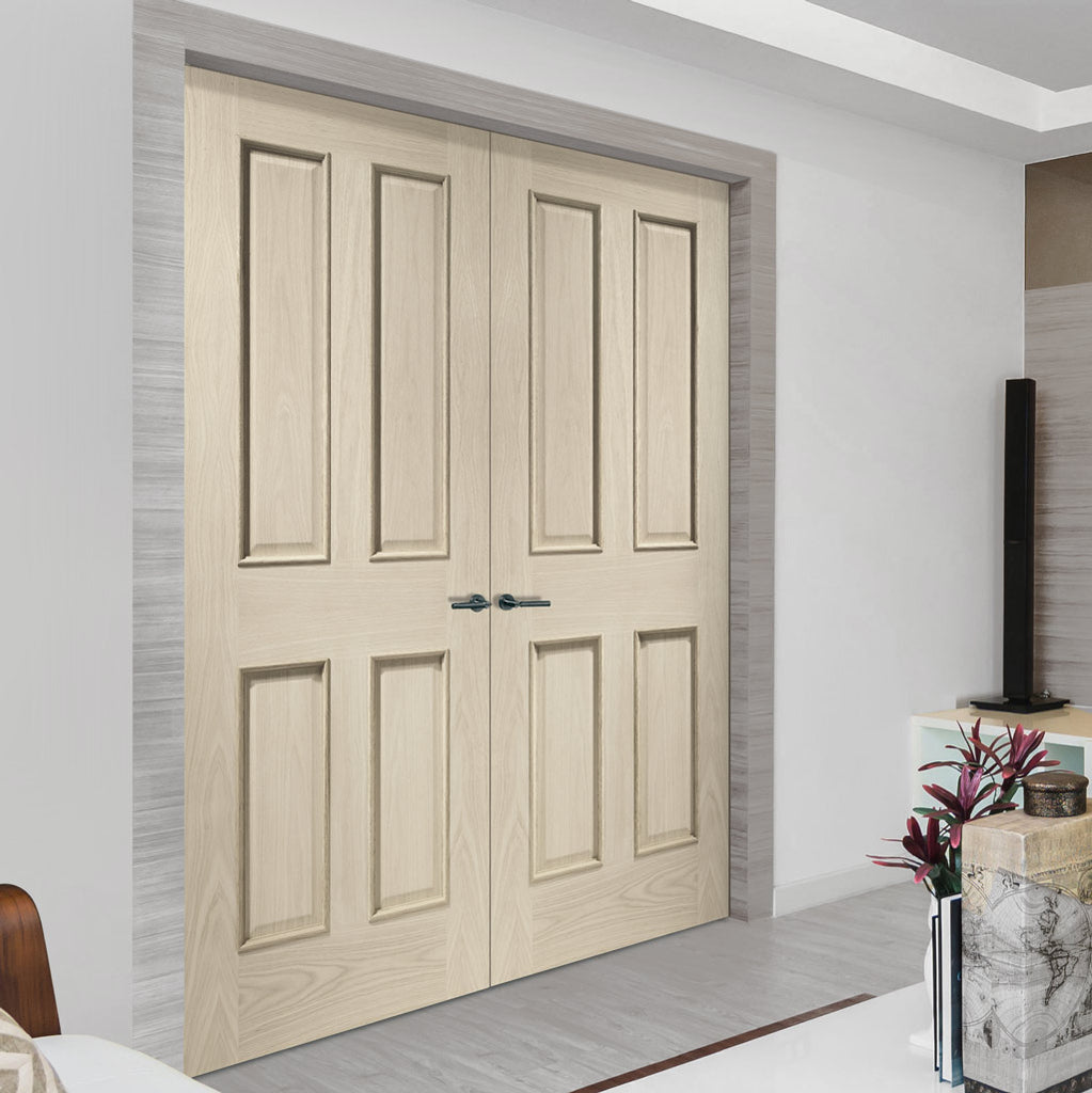 Prefinished Bespoke Victorian Oak 4 Panel Door Pair - Raised Mouldings - Choose Your Colour