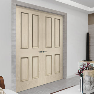 Image: Prefinished Bespoke Victorian Oak 4 Panel Door Pair - Raised Mouldings - Choose Your Colour