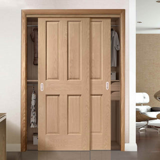 Image: Minimalist Wardrobe Door & Frame Kit - Two Victorian Oak 4 Panel Door -  No Raised Mouldings - Prefinished