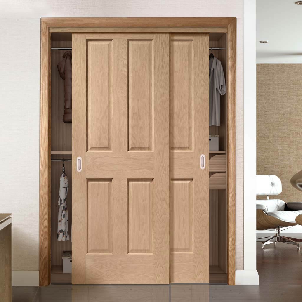 Two Sliding Maximal Wardrobe Doors & Frame Kit - Victorian Oak 4 Panel Door - No Raised Mouldings - Prefinished