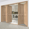 Five Folding Doors & Frame Kit - Victorian Oak 4 Panel 3+2 - No Raised Mouldings - Prefinished