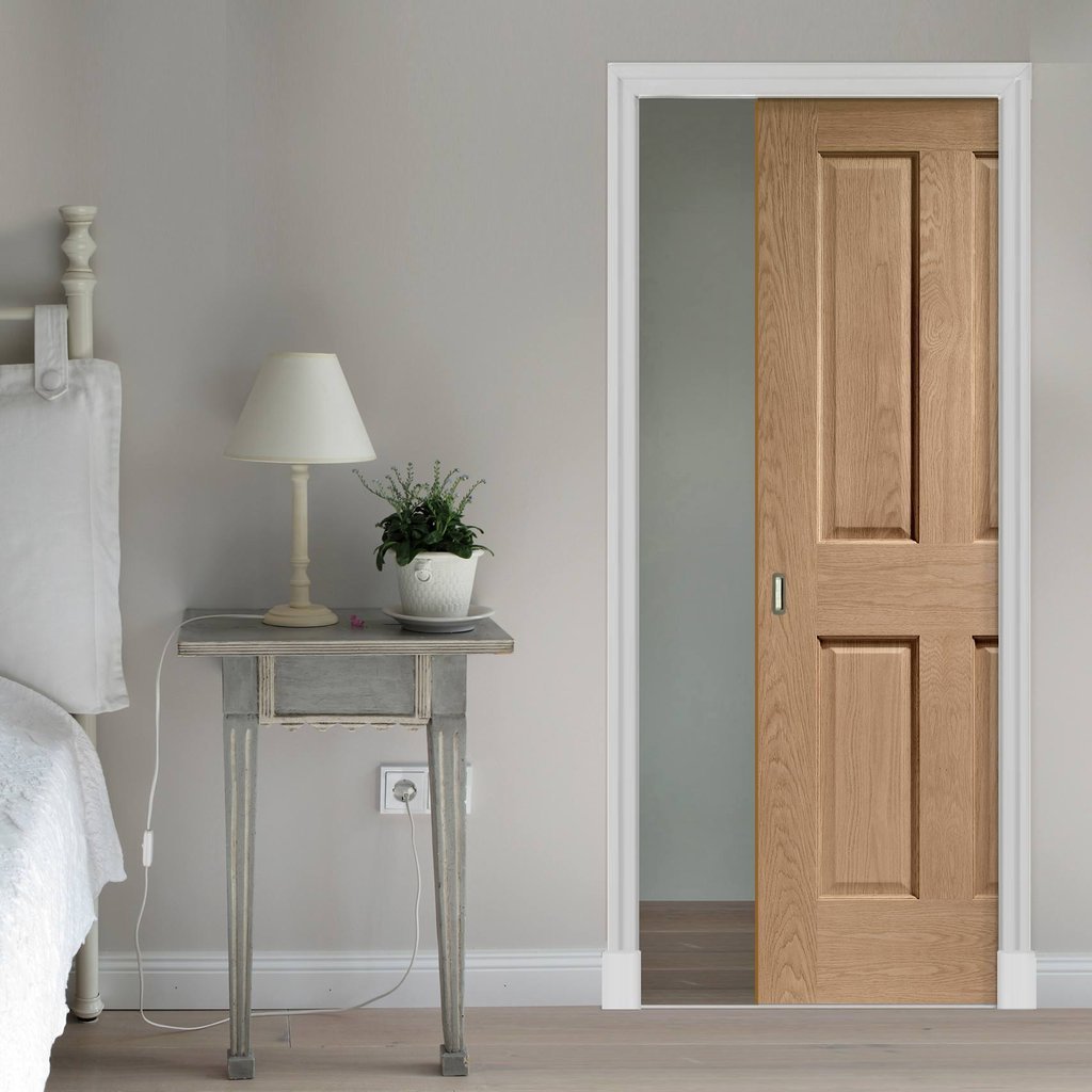 Bespoke Victorian Oak 4 Panel Single Pocket Door - No Raised Mouldings - Prefinished