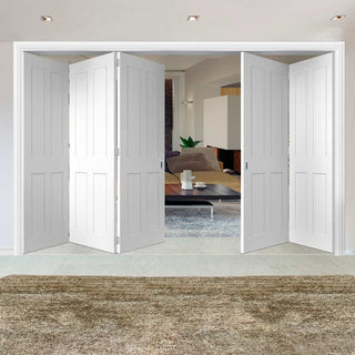 Image: Five Folding Doors & Frame Kit - Victorian Shaker 4 Panel 3+2 - White Primed