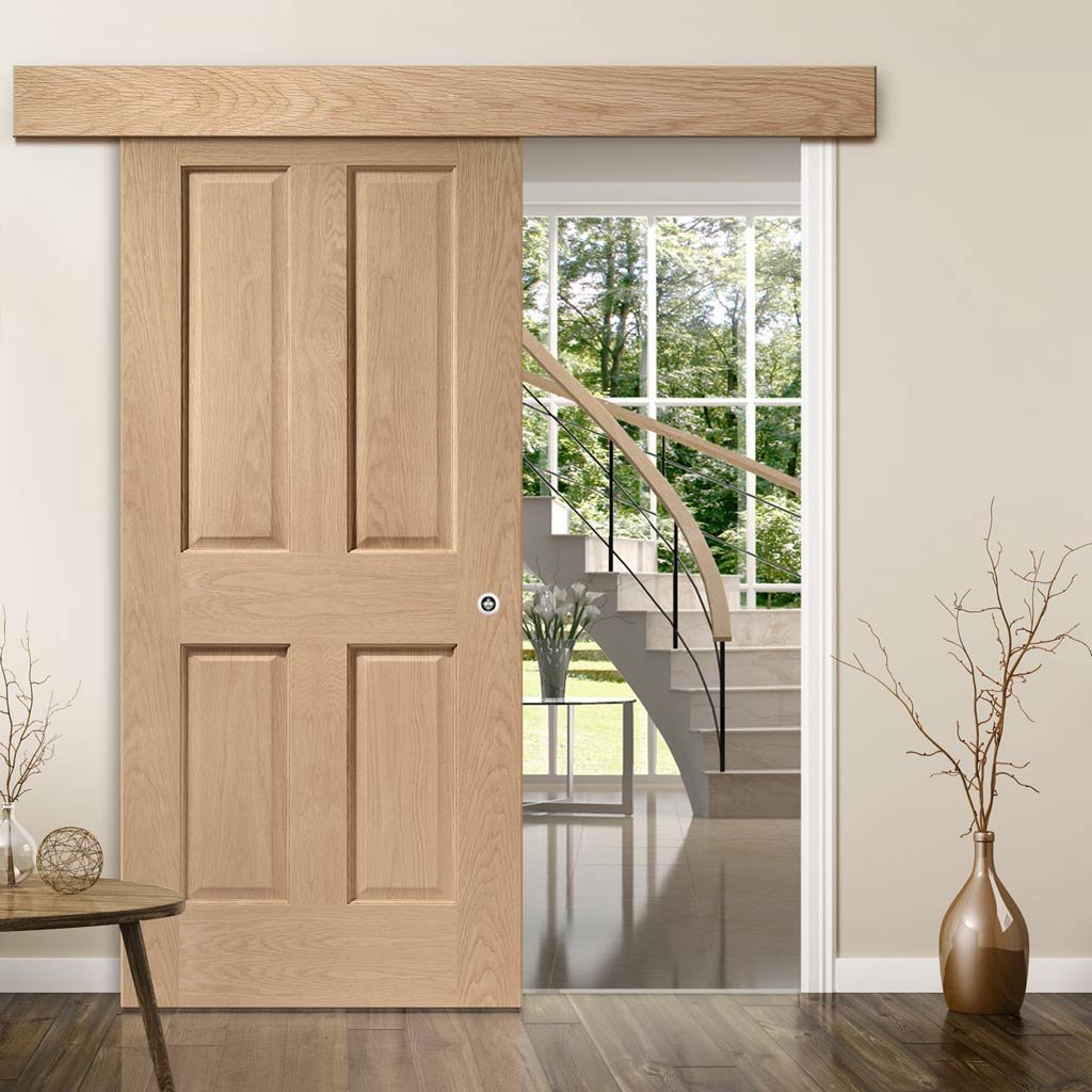 Single Sliding Door & Wall Track - Victorian Oak 4 Panel Door - No Raised Mouldings - Prefinished