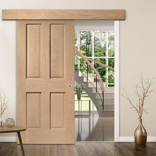 Image: Single Sliding Door & Wall Track - Victorian Oak 4 Panel Door - No Raised Mouldings - Prefinished