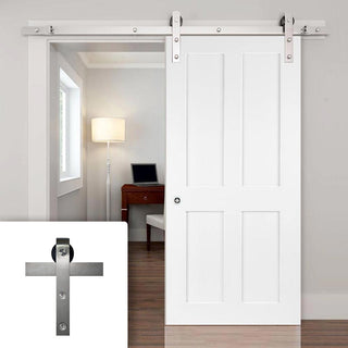 Image: Single Sliding Door & Stainless Steel Barn Track - Victorian Shaker 4 Panel Door - White Primed