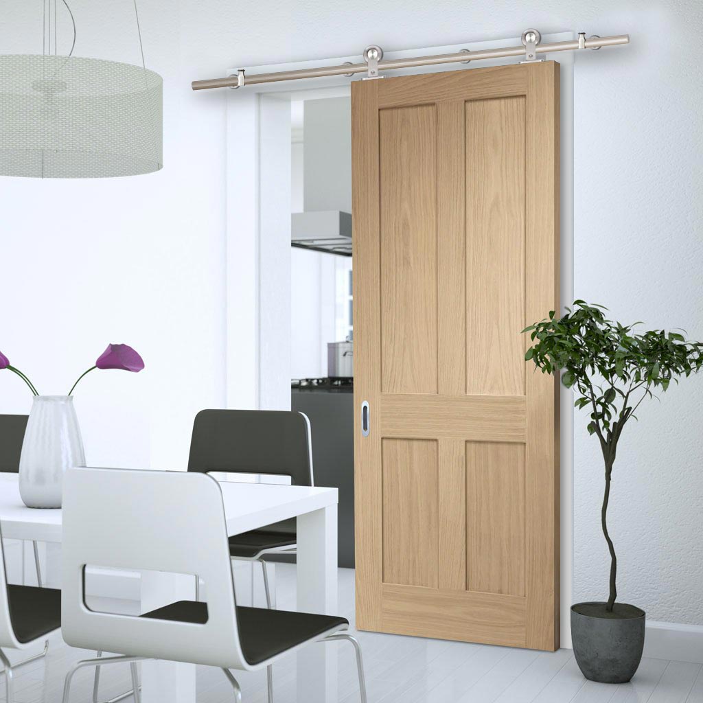 Sirius Tubular Stainless Steel Sliding Track & Victorian Oak 4 Panel Door - No Raised Mouldings - Prefinished