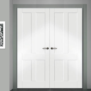 Image: Simpli Double Door Set - Victorian Shaker 4 Panel Door - White Primed