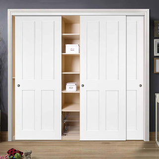 Image: Bespoke Thruslide Victorian Shaker 4 Panel 3 Door Wardrobe and Frame Kit - White Primed