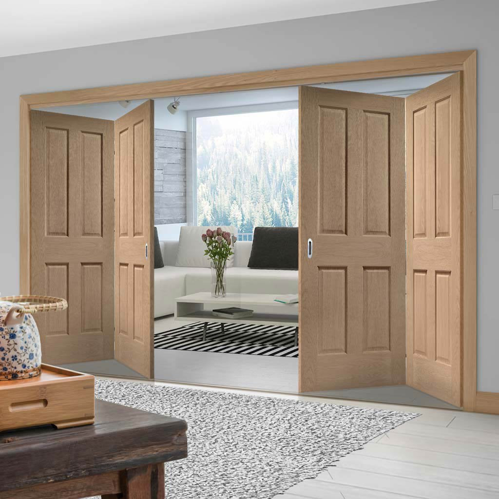 Four Folding Doors & Frame Kit - Victorian Oak 4 Panel 2+2 - No Raised Mouldings - Unfinished