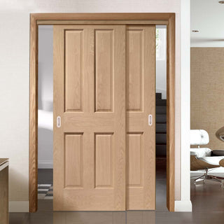 Image: Pass-Easi Two Sliding Doors and Frame Kit - Victorian Oak 4 Panel Door - No Raised Mouldings - Prefinished