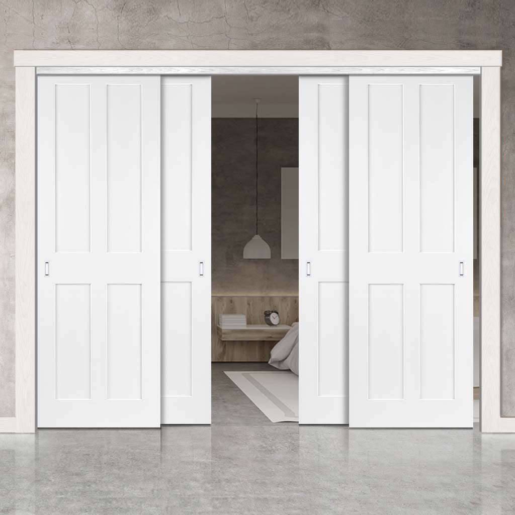 Pass-Easi Four Sliding Doors and Frame Kit - Victorian Shaker 4 Panel Door - White Primed