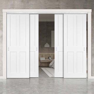 Image: Pass-Easi Four Sliding Doors and Frame Kit - Victorian Shaker 4 Panel Door - White Primed