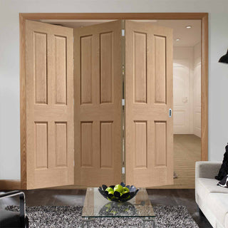 Image: Three Folding Doors & Frame Kit - Victorian Oak 4 Panel 3+0 - No Raised Mouldings - Unfinished