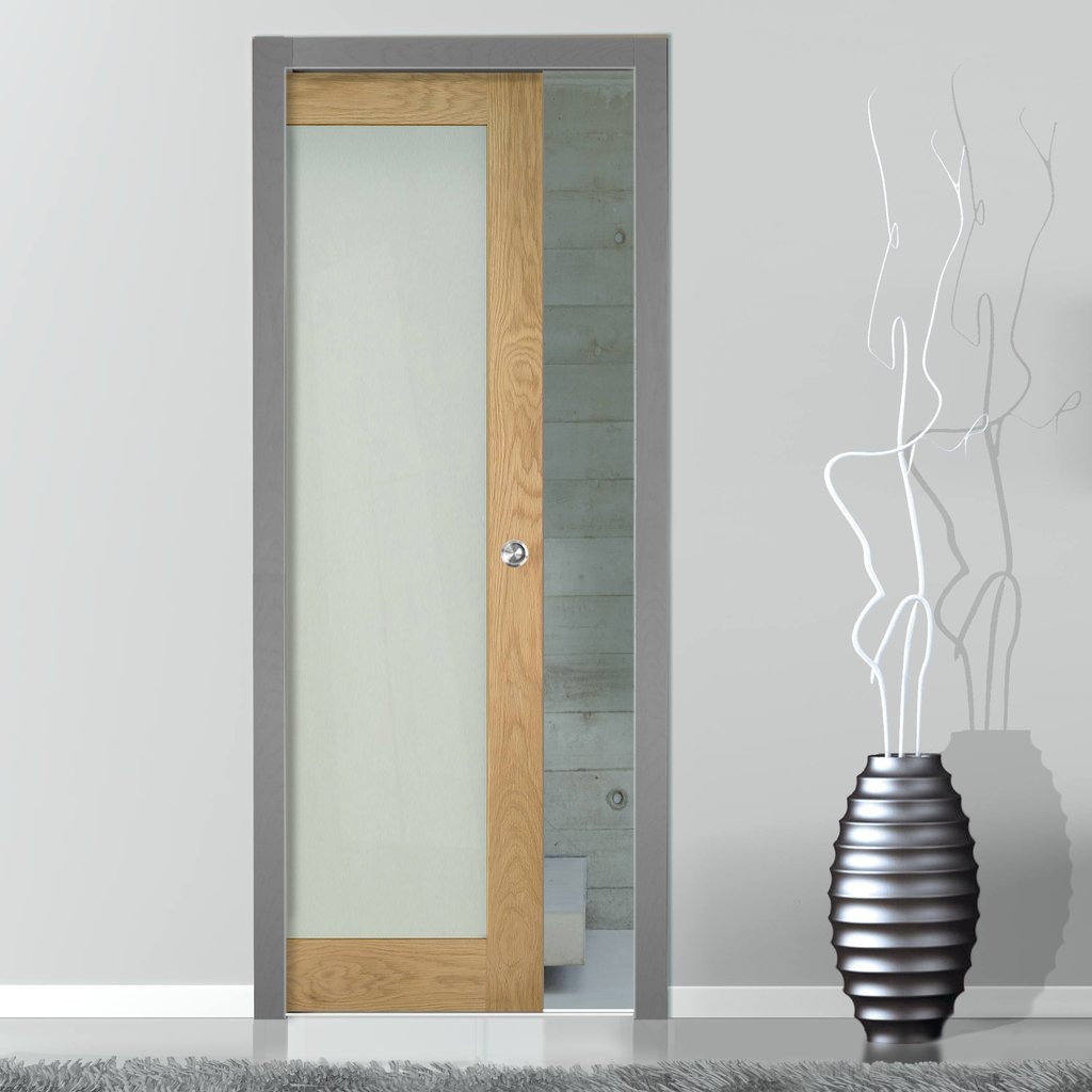 Walden Real American Oak Veneer Single Evokit Pocket Door - Frosted Glass - Unfinished